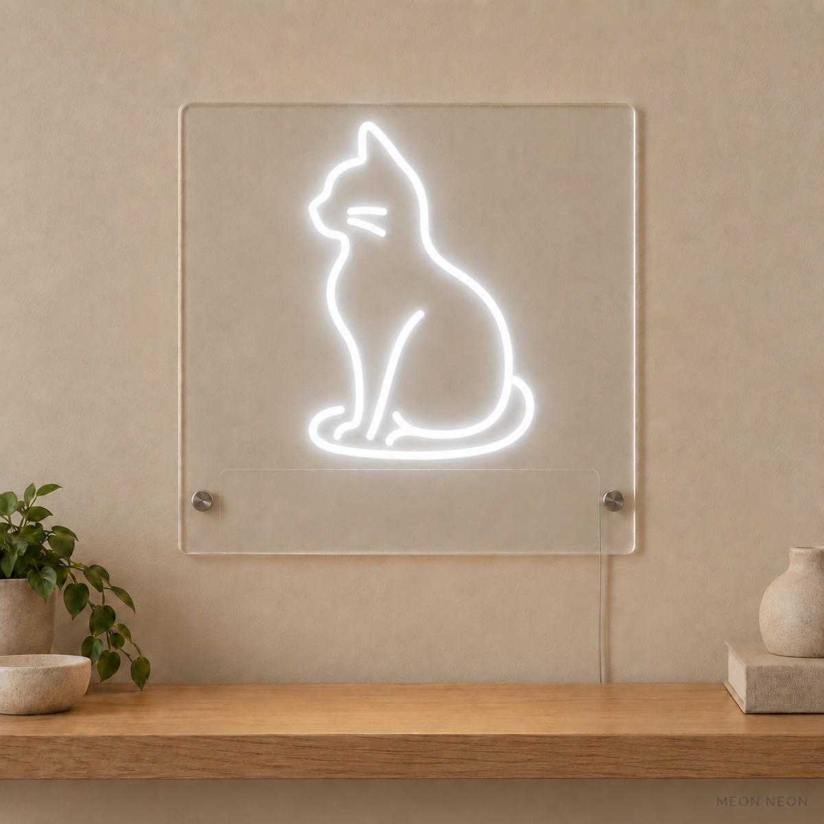 Personalized Sitting Cat LED neon sign concept in White with a blank area for printed text; MEON NEON watermark