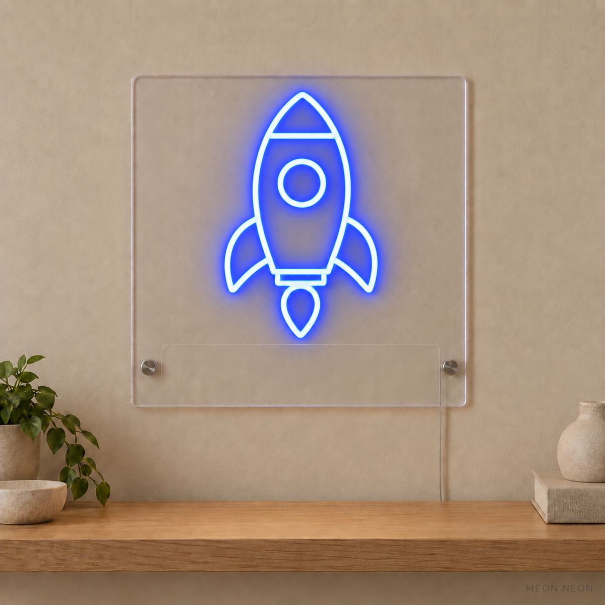 Personalized Space Rocket LED neon sign concept in Blue with a blank area for printed text; MEON NEON watermark