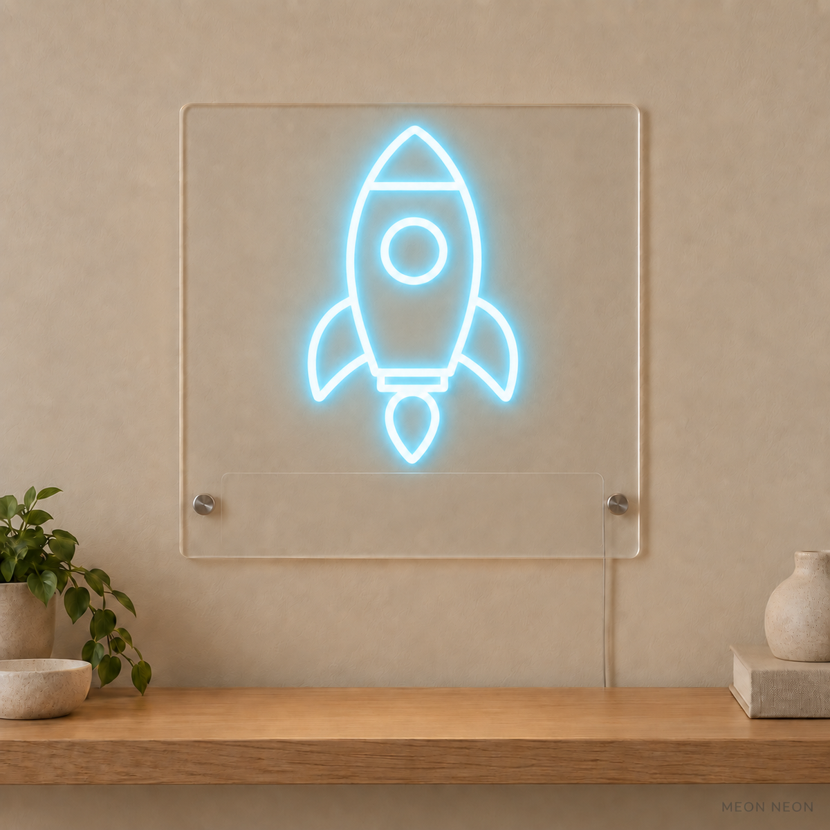 Personalized Space Rocket LED neon sign concept in Ice Blue with a blank area for printed text; MEON NEON watermark