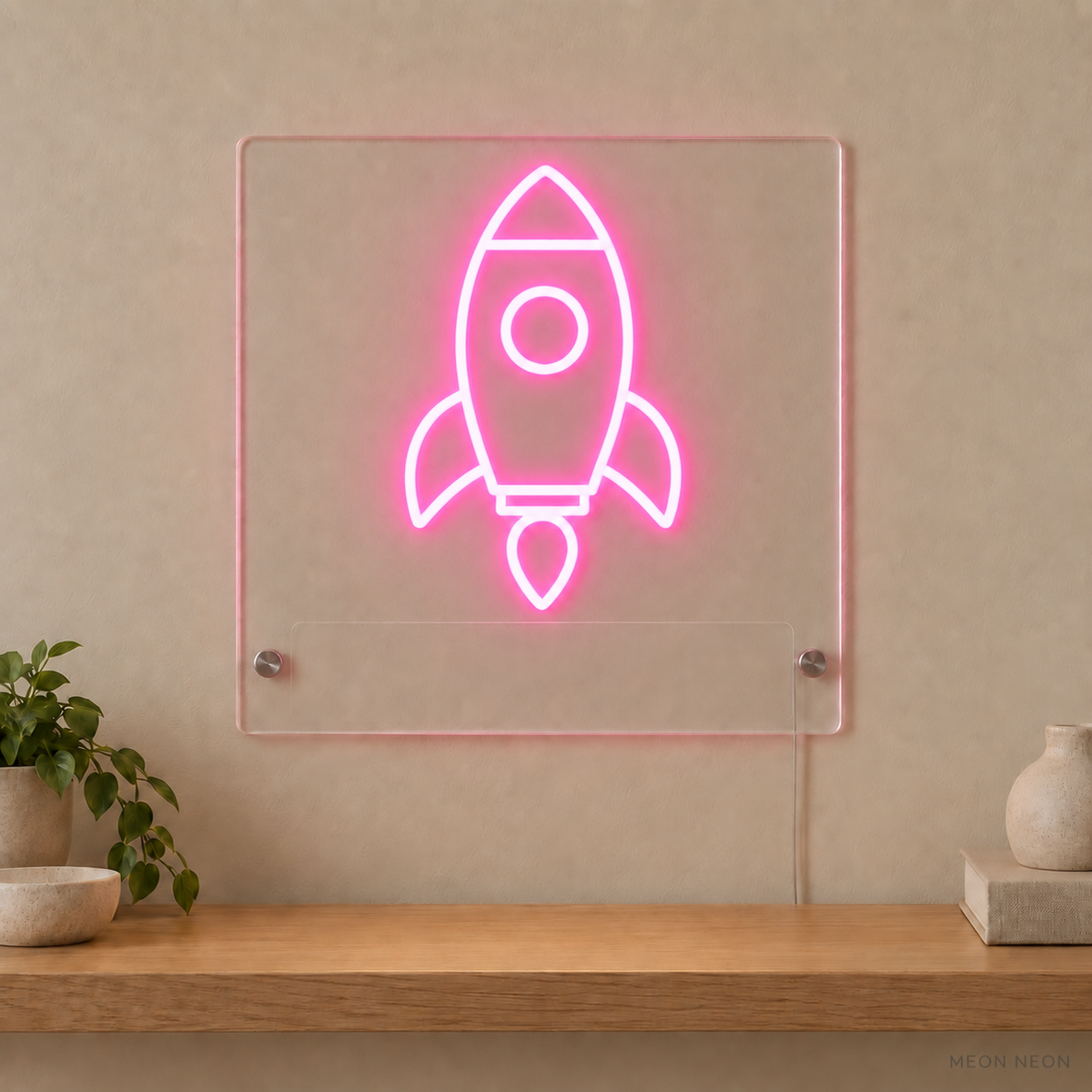 Personalized Space Rocket LED neon sign concept in Pink with a blank area for printed text; MEON NEON watermark