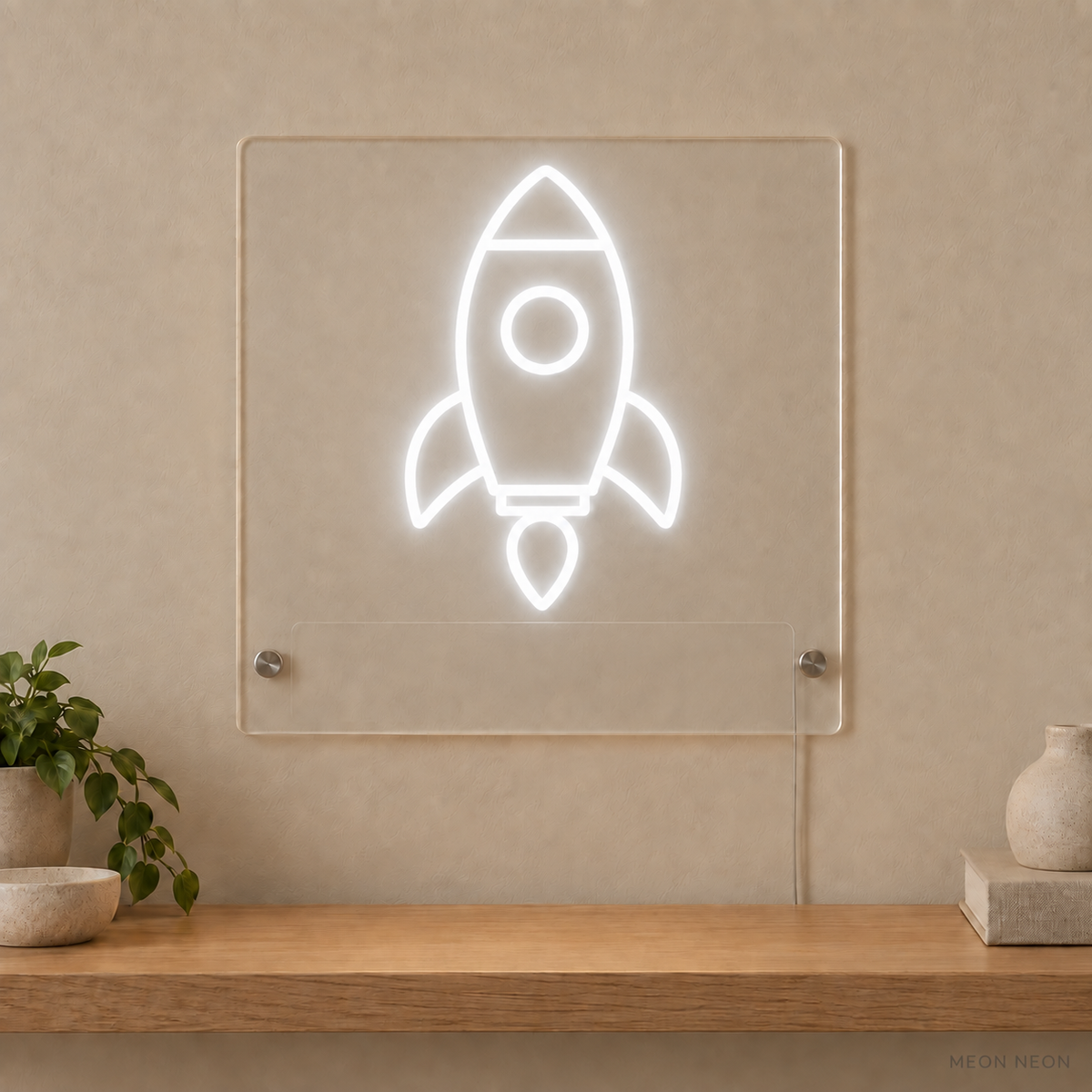 Personalized Space Rocket LED neon sign concept in White with a blank area for printed text; MEON NEON watermark