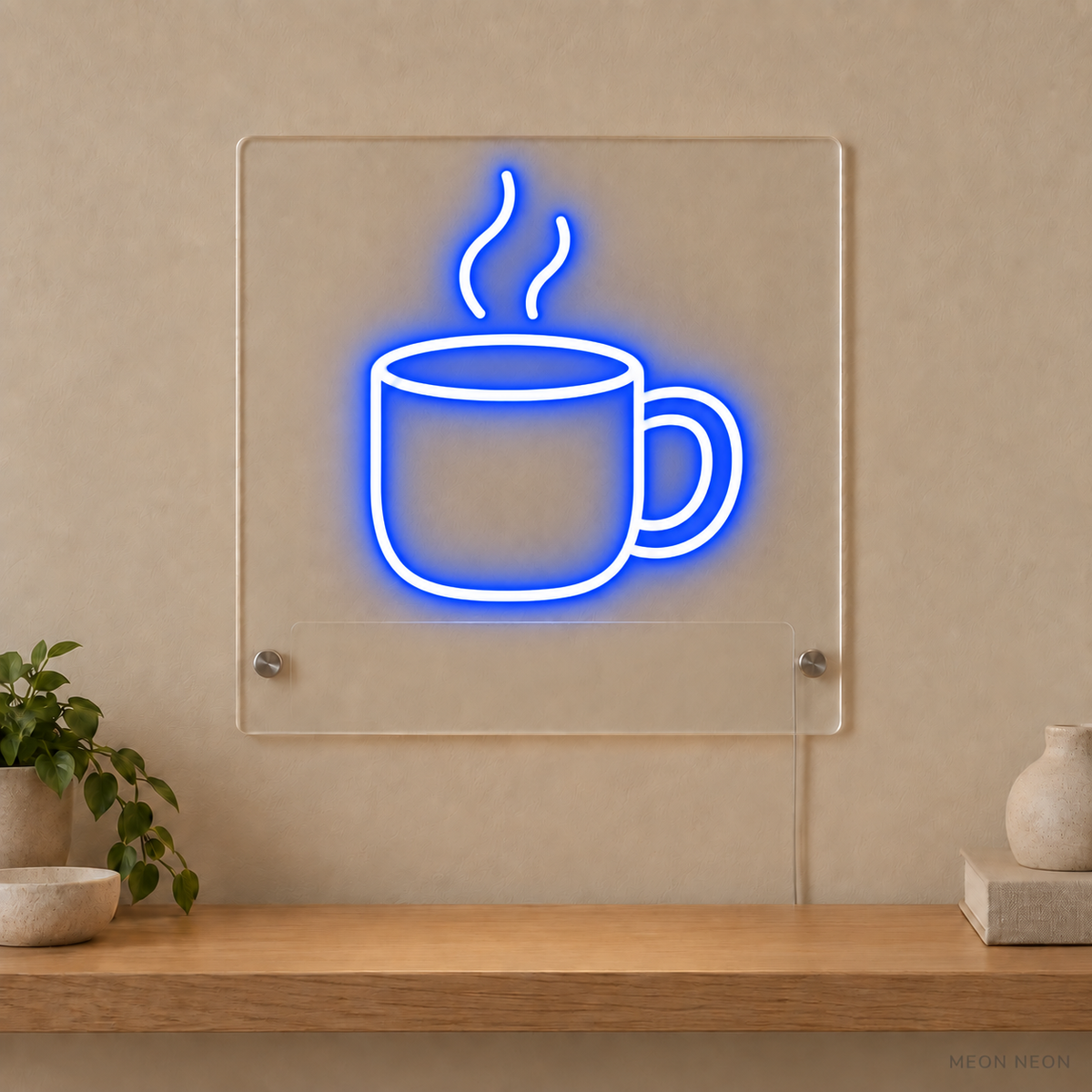 Personalized Steaming Mug LED neon sign concept in Blue with a blank area for printed text; MEON NEON watermark