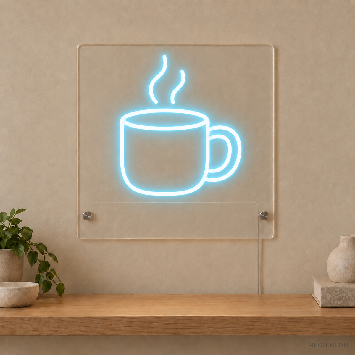 Personalized Steaming Mug LED neon sign concept in Ice Blue with a blank area for printed text; MEON NEON watermark