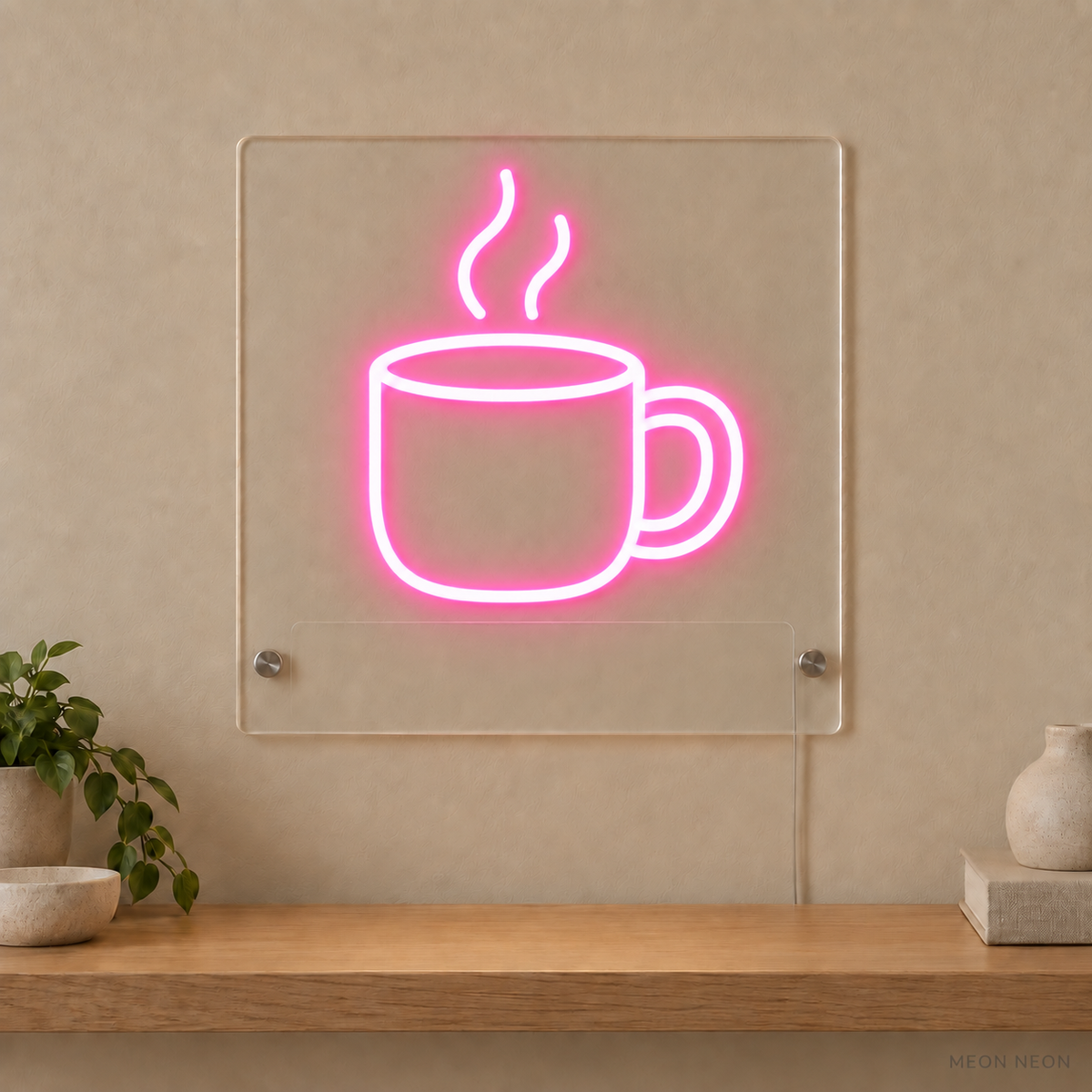 Personalized Steaming Mug LED neon sign concept in Pink with a blank area for printed text; MEON NEON watermark