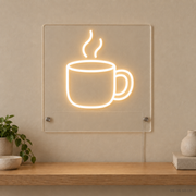 Personalized Steaming Mug LED neon sign concept in Warm White with a blank area for printed text; MEON NEON watermark