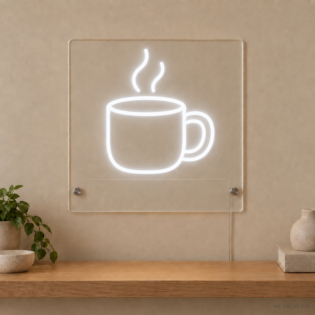 Personalized Steaming Mug LED neon sign concept in White with a blank area for printed text; MEON NEON watermark