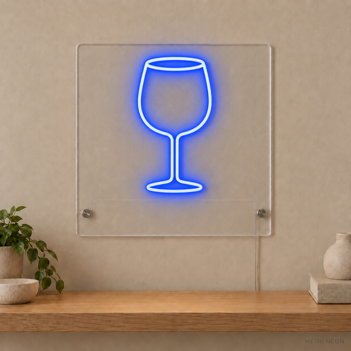 Personalized Wine Glass LED neon sign concept in Blue with a blank area for printed text; MEON NEON watermark
