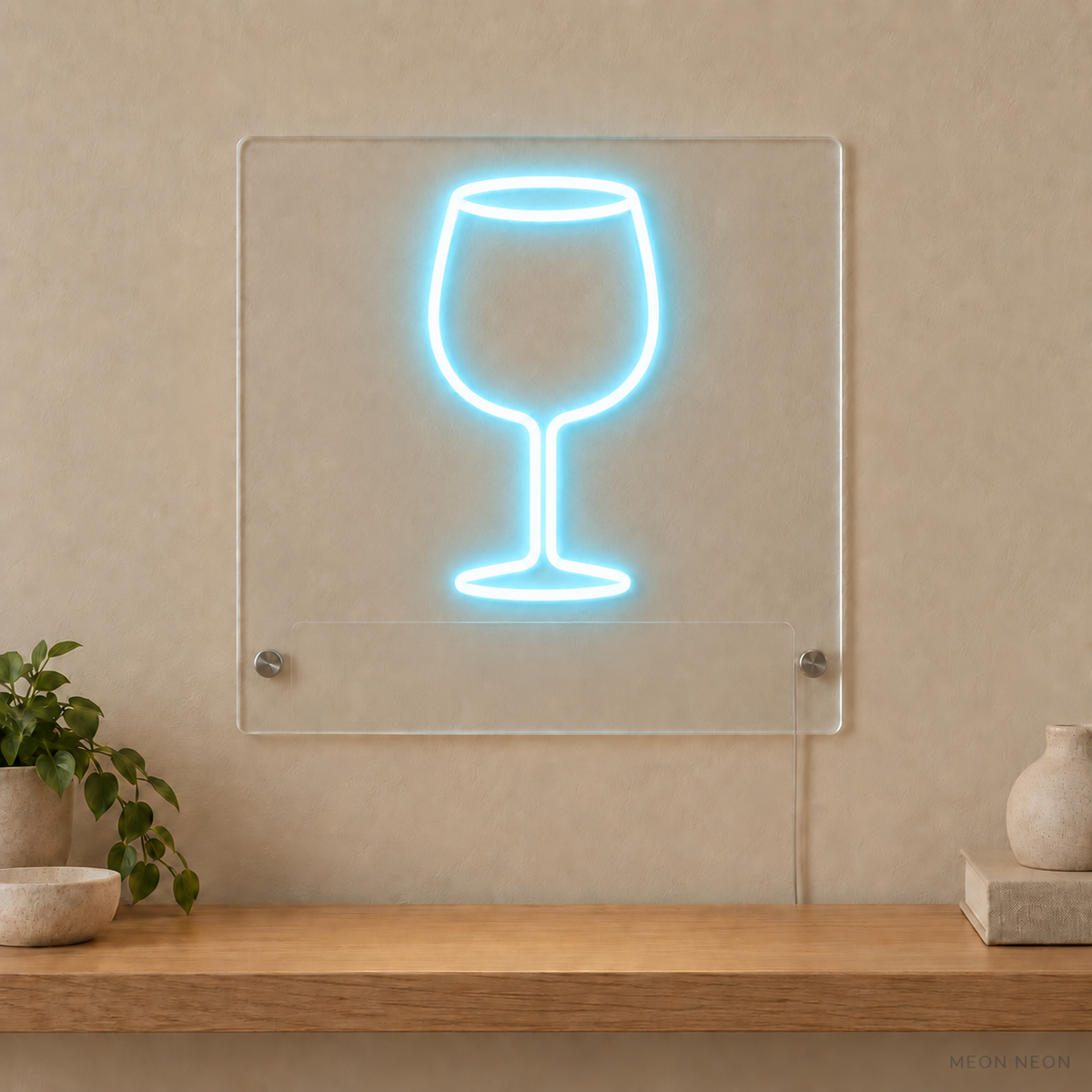Personalized Wine Glass LED neon sign concept in Ice Blue with a blank area for printed text; MEON NEON watermark