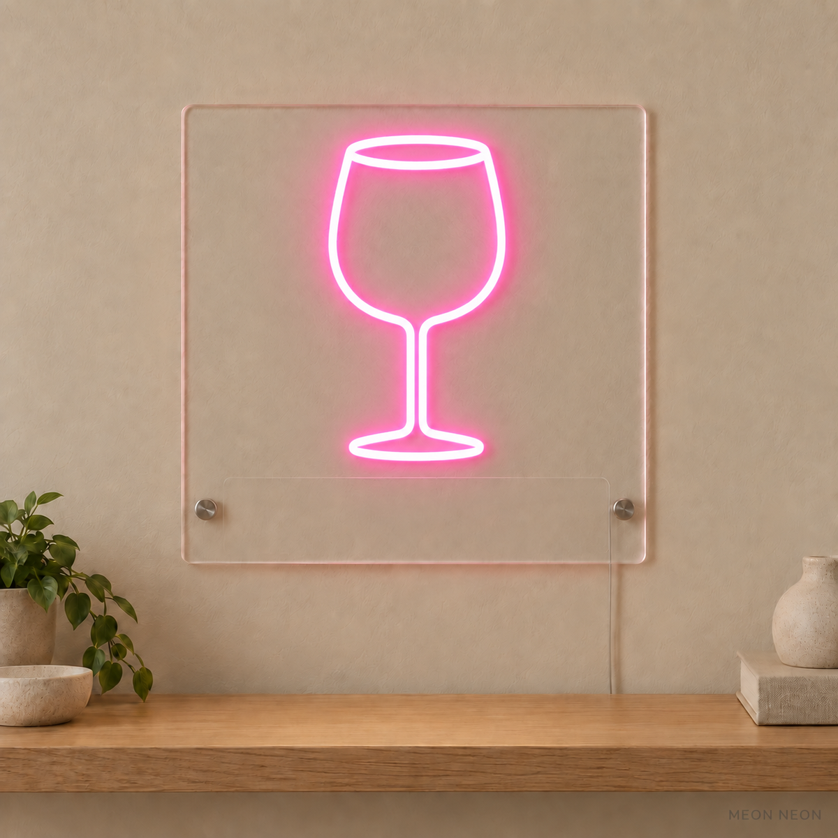 Personalized Wine Glass LED neon sign concept in Pink with a blank area for printed text; MEON NEON watermark