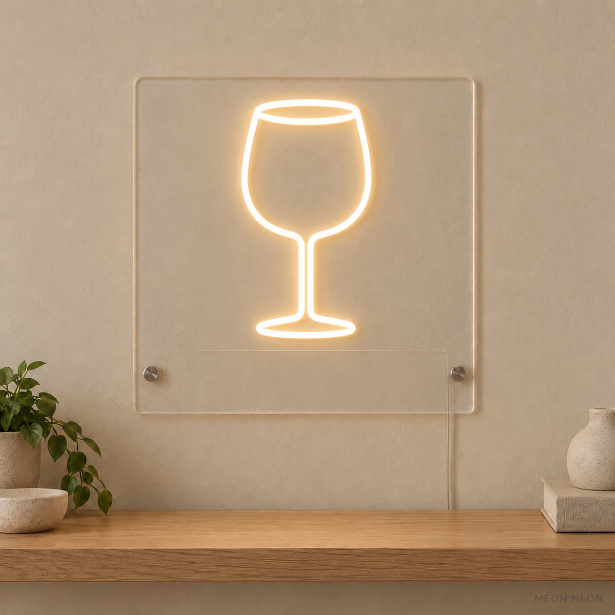 Personalized Wine Glass LED neon sign concept in Warm White with a blank area for printed text; MEON NEON watermark