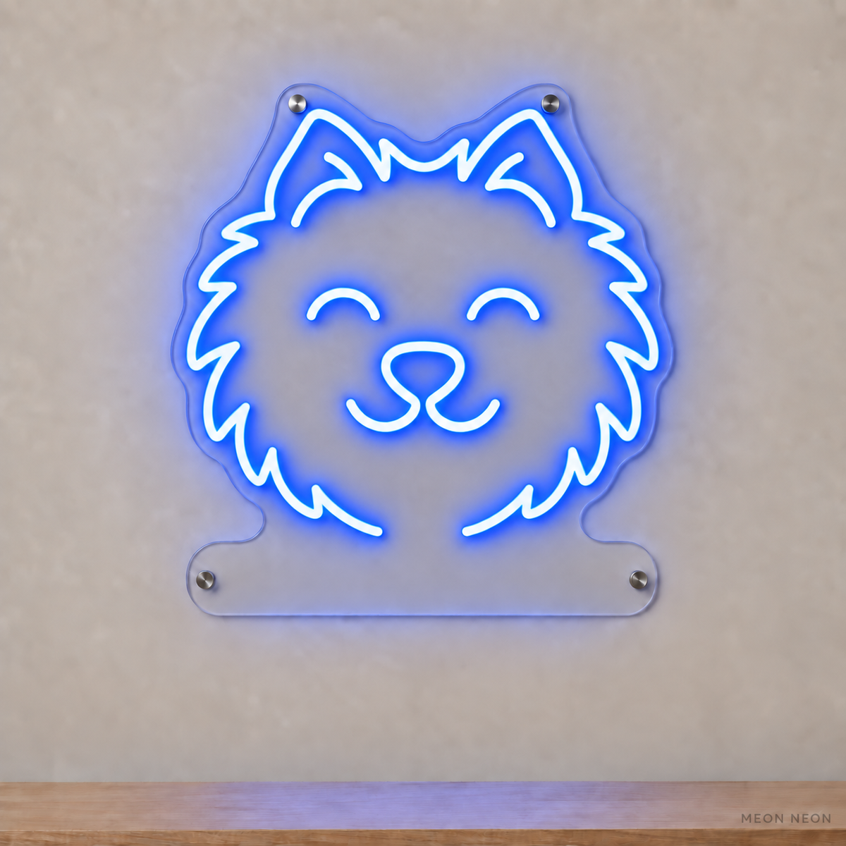 MEON NEON-watermarked concept mockup of a Blue Pomeranian head LED neon sign with a blank acrylic area for a UV-printed breed caption or dog name.