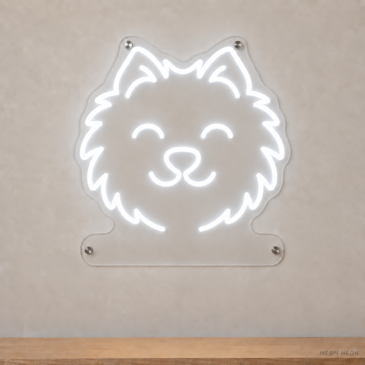 MEON NEON-watermarked concept mockup of a White Pomeranian head LED neon sign with a blank acrylic area for a UV-printed breed caption or dog name.