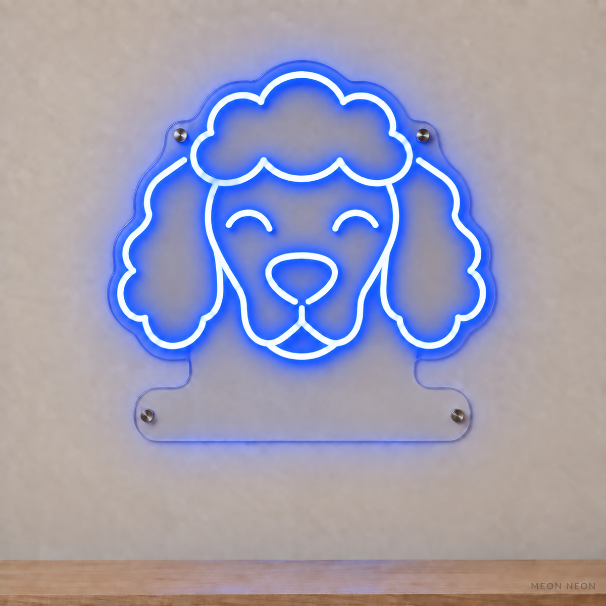 MEON NEON-watermarked concept mockup of a Blue Poodle head LED neon sign with a blank acrylic area for a UV-printed breed caption or dog name.