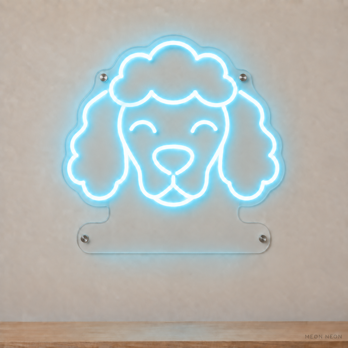 MEON NEON-watermarked concept mockup of a Ice Blue Poodle head LED neon sign with a blank acrylic area for a UV-printed breed caption or dog name.
