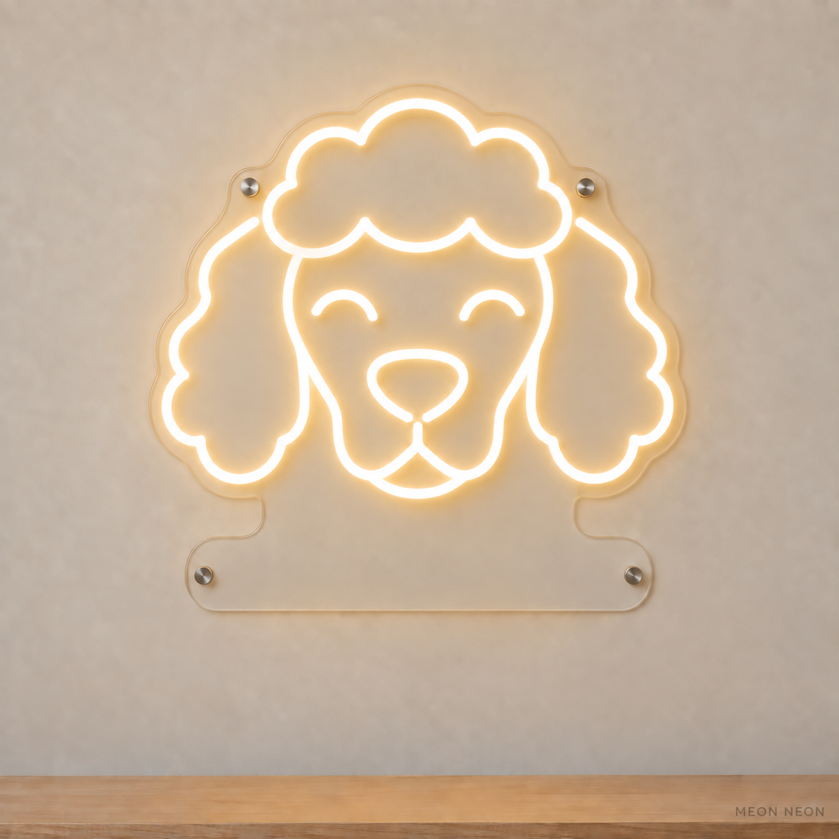 MEON NEON-watermarked concept mockup of a Warm White Poodle head LED neon sign with a blank acrylic area for a UV-printed breed caption or dog name.