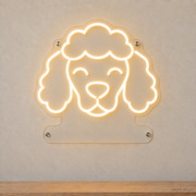 MEON NEON-watermarked concept mockup of a Warm White Poodle head LED neon sign with a blank acrylic area for a UV-printed breed caption or dog name.