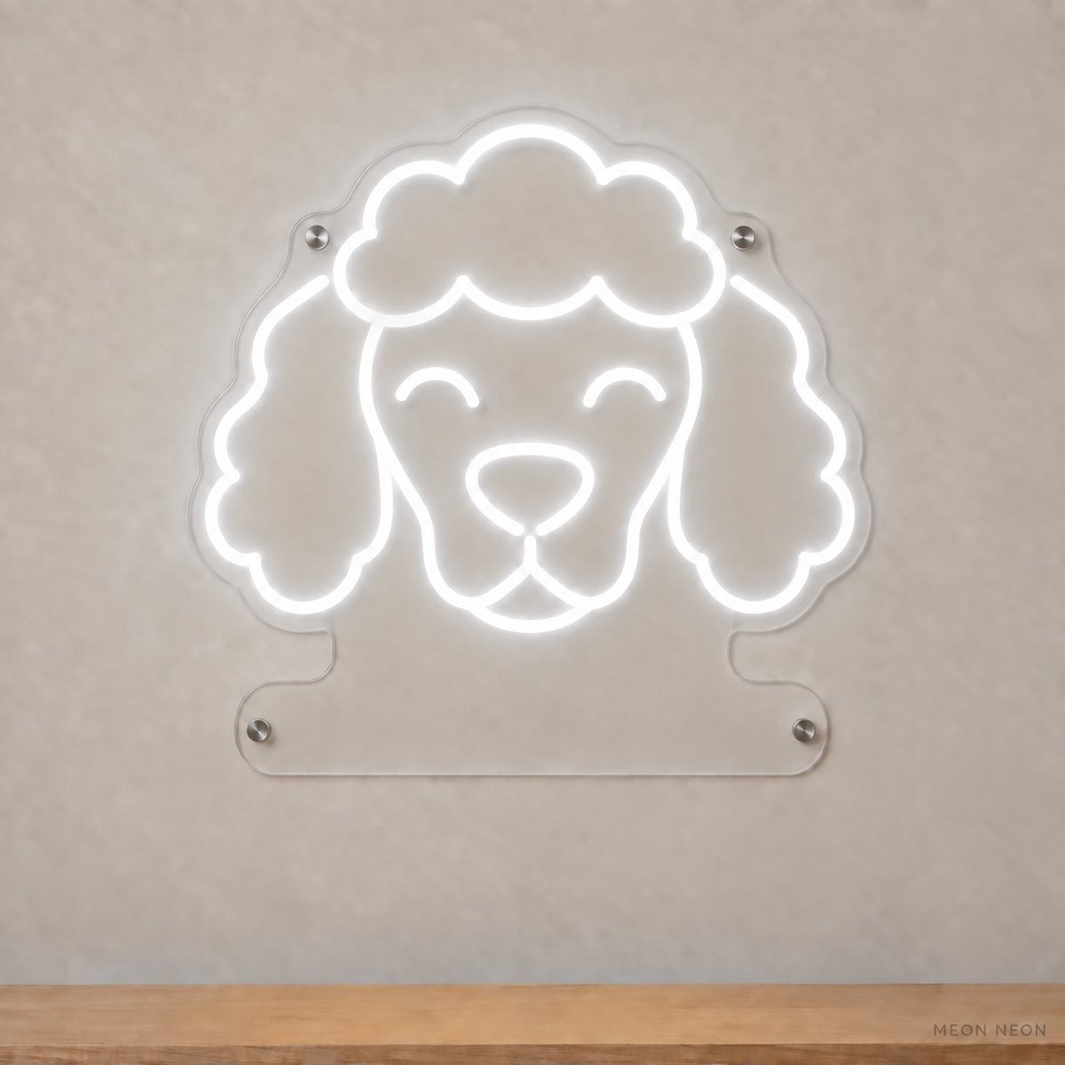 MEON NEON-watermarked concept mockup of a White Poodle head LED neon sign with a blank acrylic area for a UV-printed breed caption or dog name.