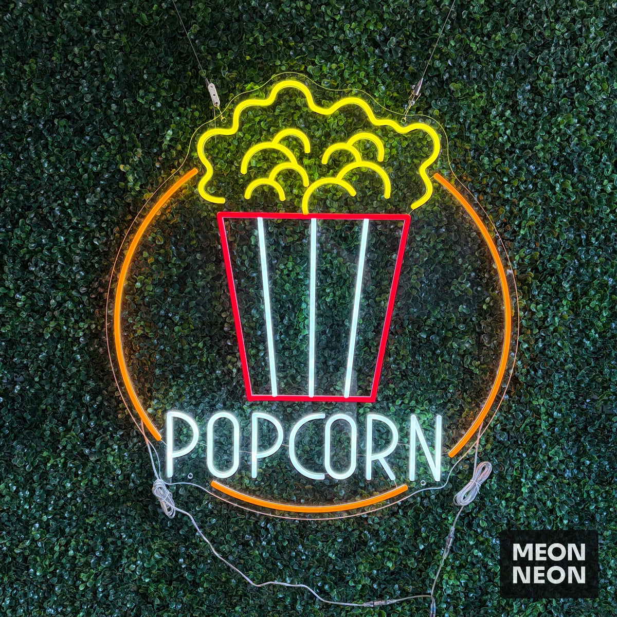 Popcorn Bucket Neon Sign, real photo of a finished Meon Neon sign, lit