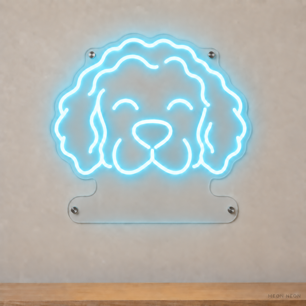 MEON NEON-watermarked concept mockup of a Ice Blue Portuguese Water Dog head LED neon sign with a blank acrylic area for a UV-printed breed caption or dog name.