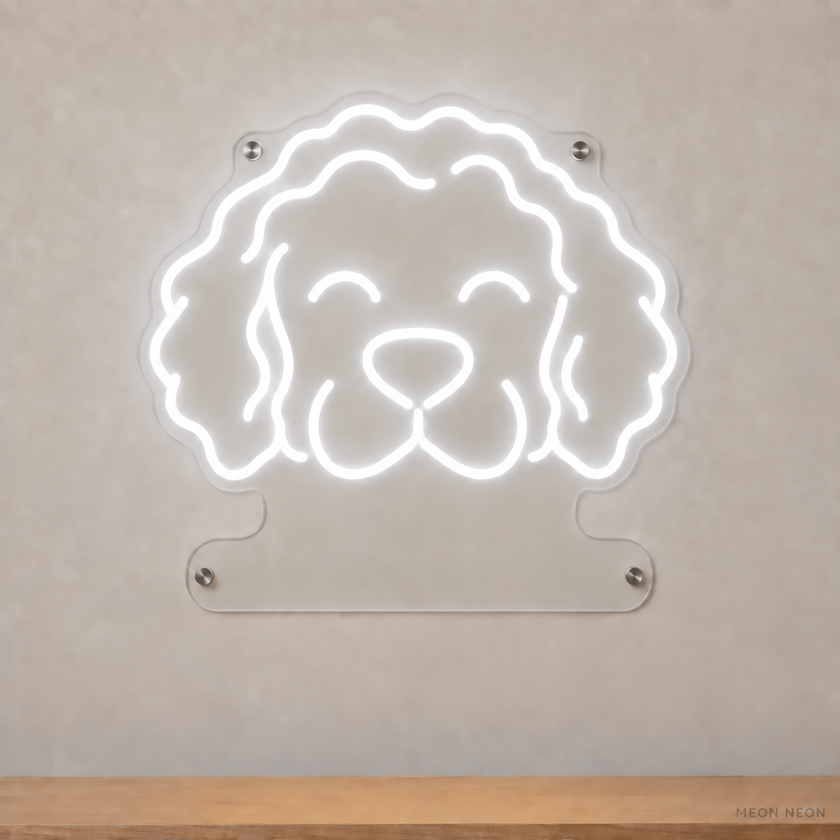 MEON NEON-watermarked concept mockup of a White Portuguese Water Dog head LED neon sign with a blank acrylic area for a UV-printed breed caption or dog name.