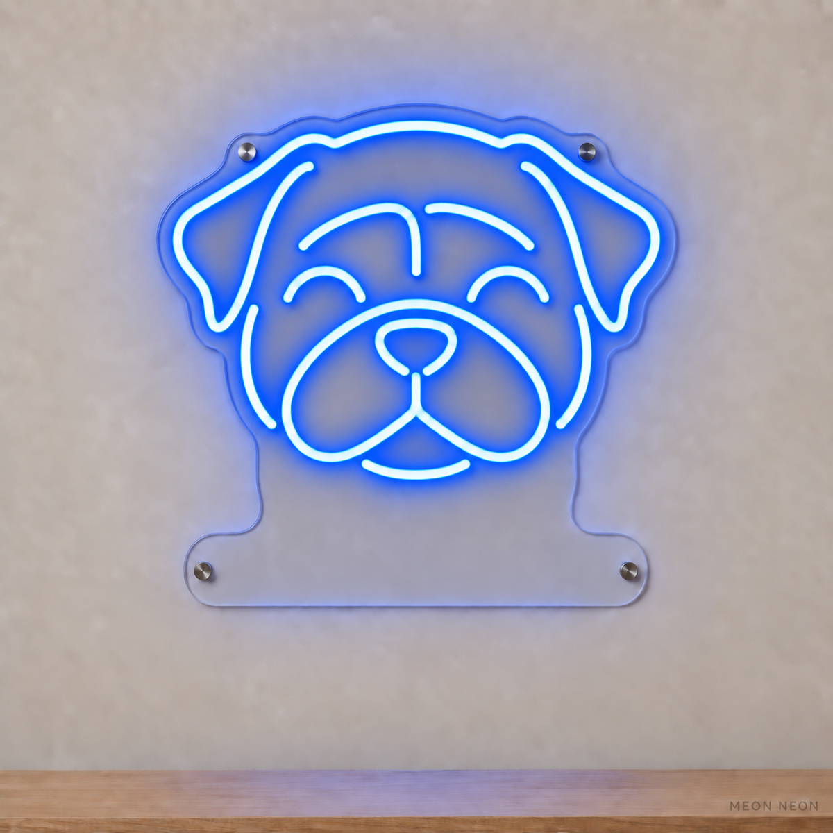 MEON NEON-watermarked concept mockup of a Blue Pug head LED neon sign with a blank acrylic area for a UV-printed breed caption or dog name.
