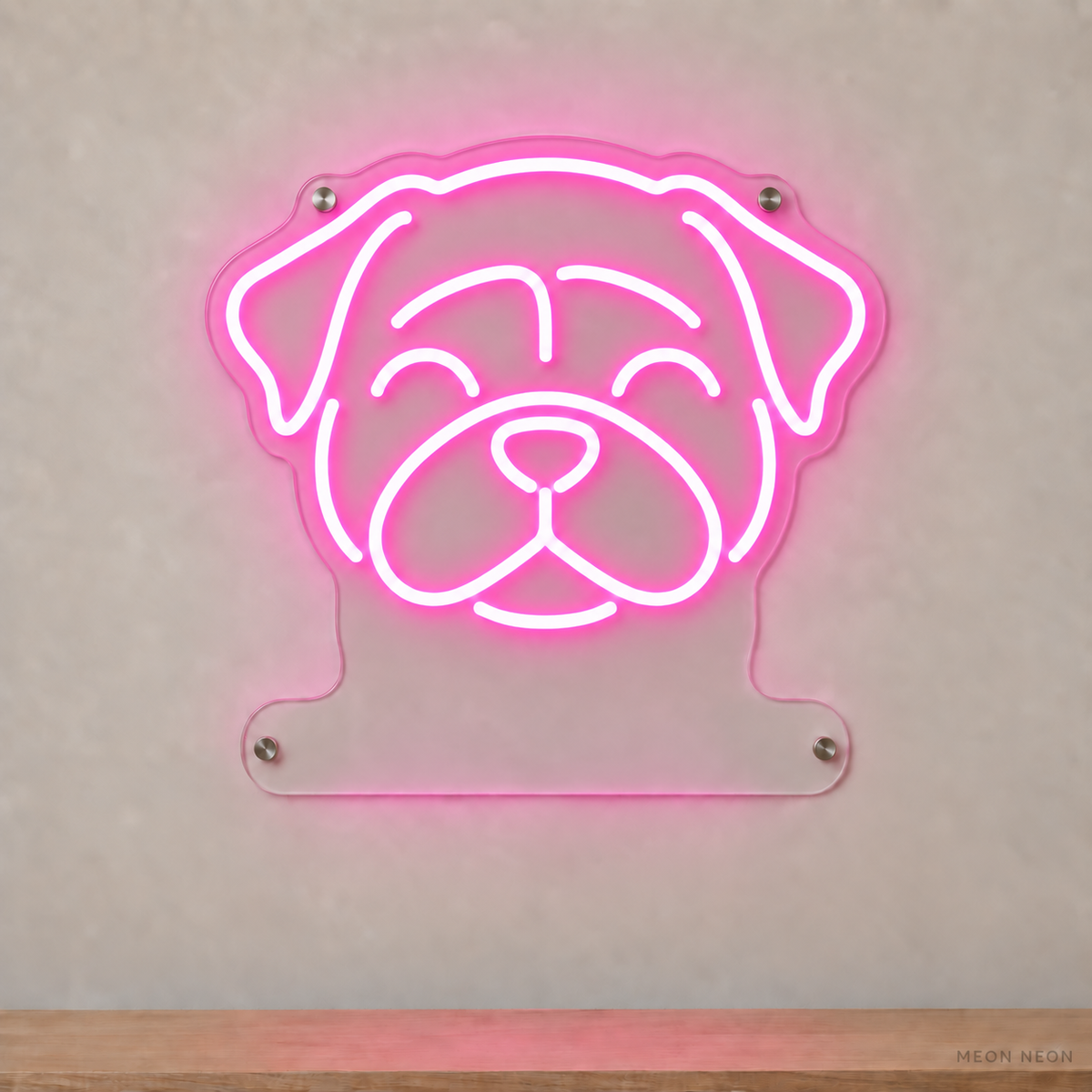 MEON NEON-watermarked concept mockup of a Pink Pug head LED neon sign with a blank acrylic area for a UV-printed breed caption or dog name.