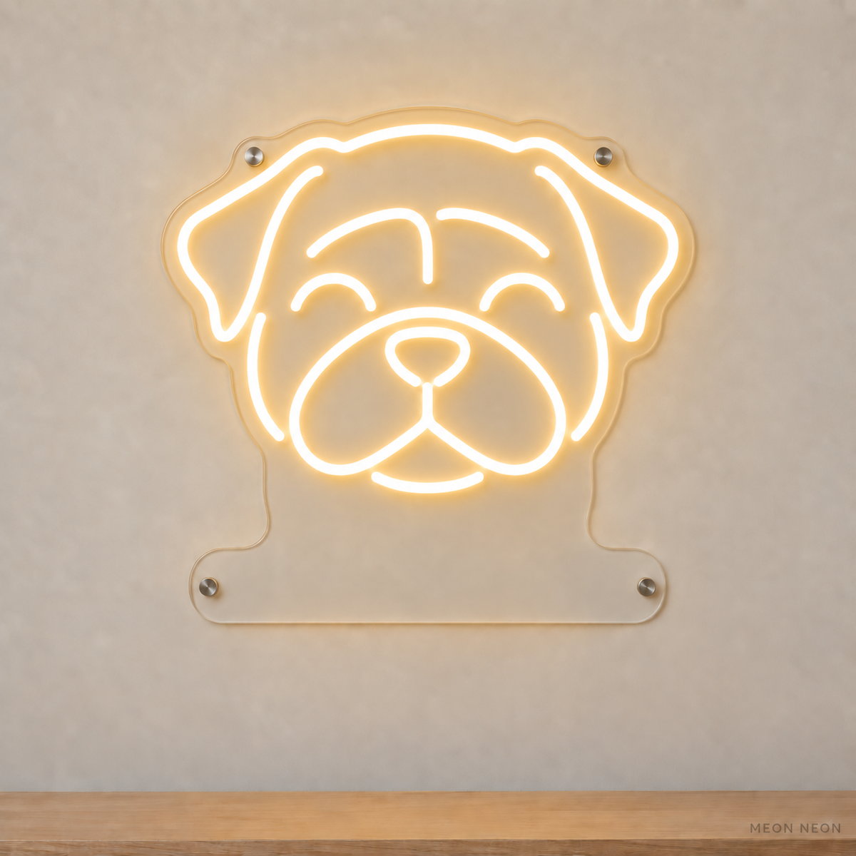 MEON NEON-watermarked concept mockup of a Warm White Pug head LED neon sign with a blank acrylic area for a UV-printed breed caption or dog name.