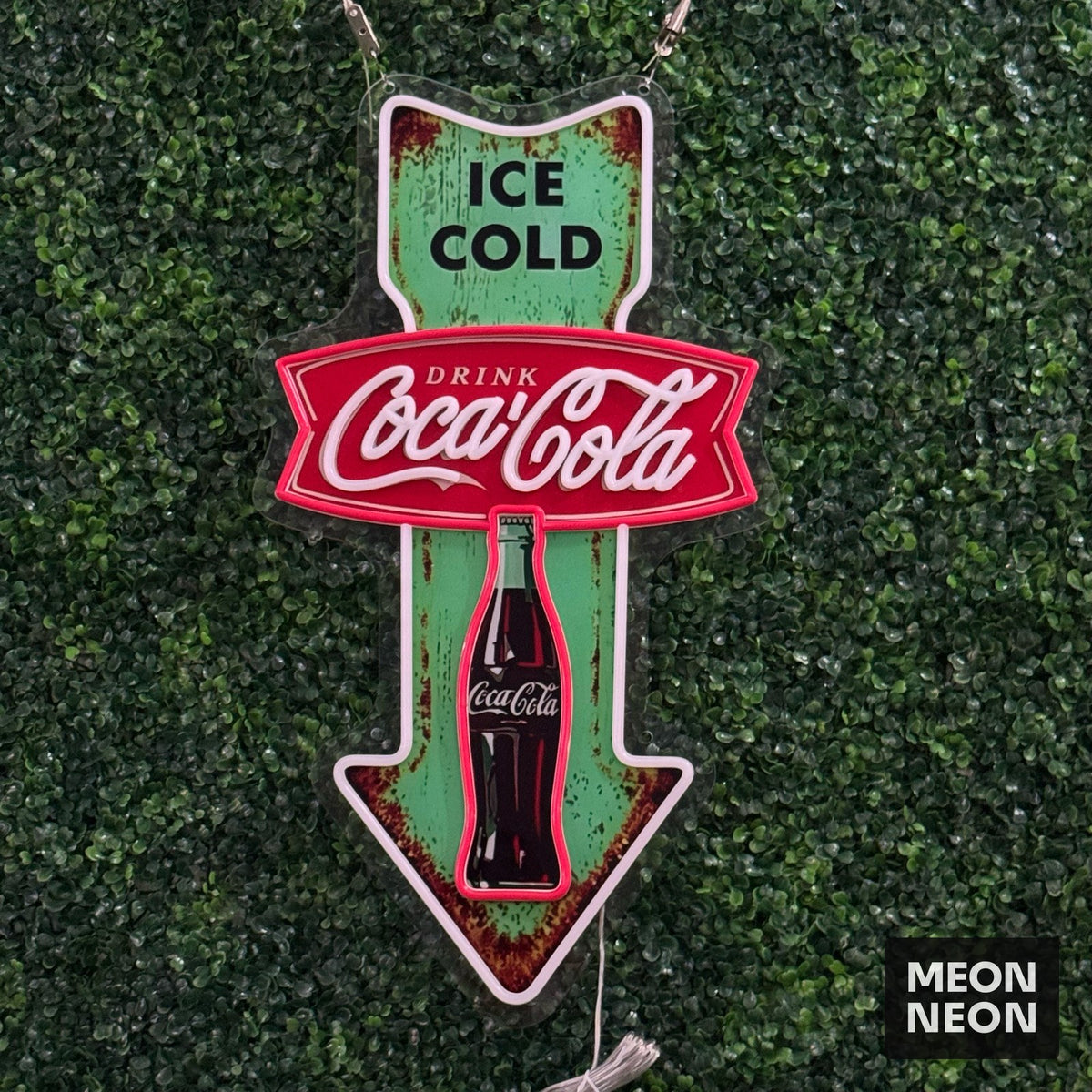 Retro Cola Arrow LED Neon Sign, real photo of a finished Meon Neon sign, lit