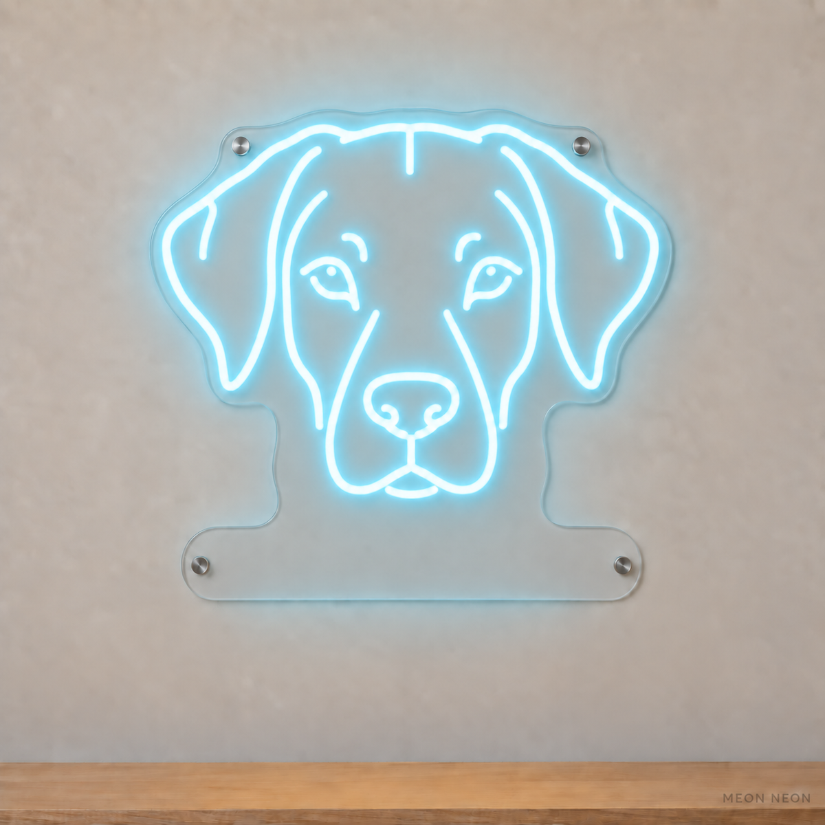 MEON NEON-watermarked concept mockup of a Ice Blue Rhodesian Ridgeback head LED neon sign with a blank acrylic area for a UV-printed breed caption or dog name.
