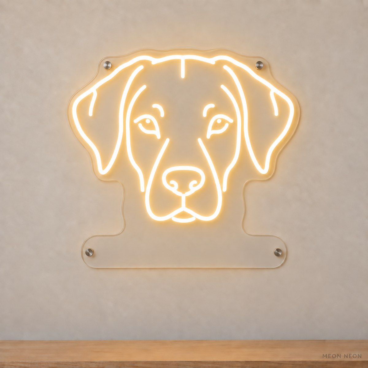 MEON NEON-watermarked concept mockup of a Warm White Rhodesian Ridgeback head LED neon sign with a blank acrylic area for a UV-printed breed caption or dog name.