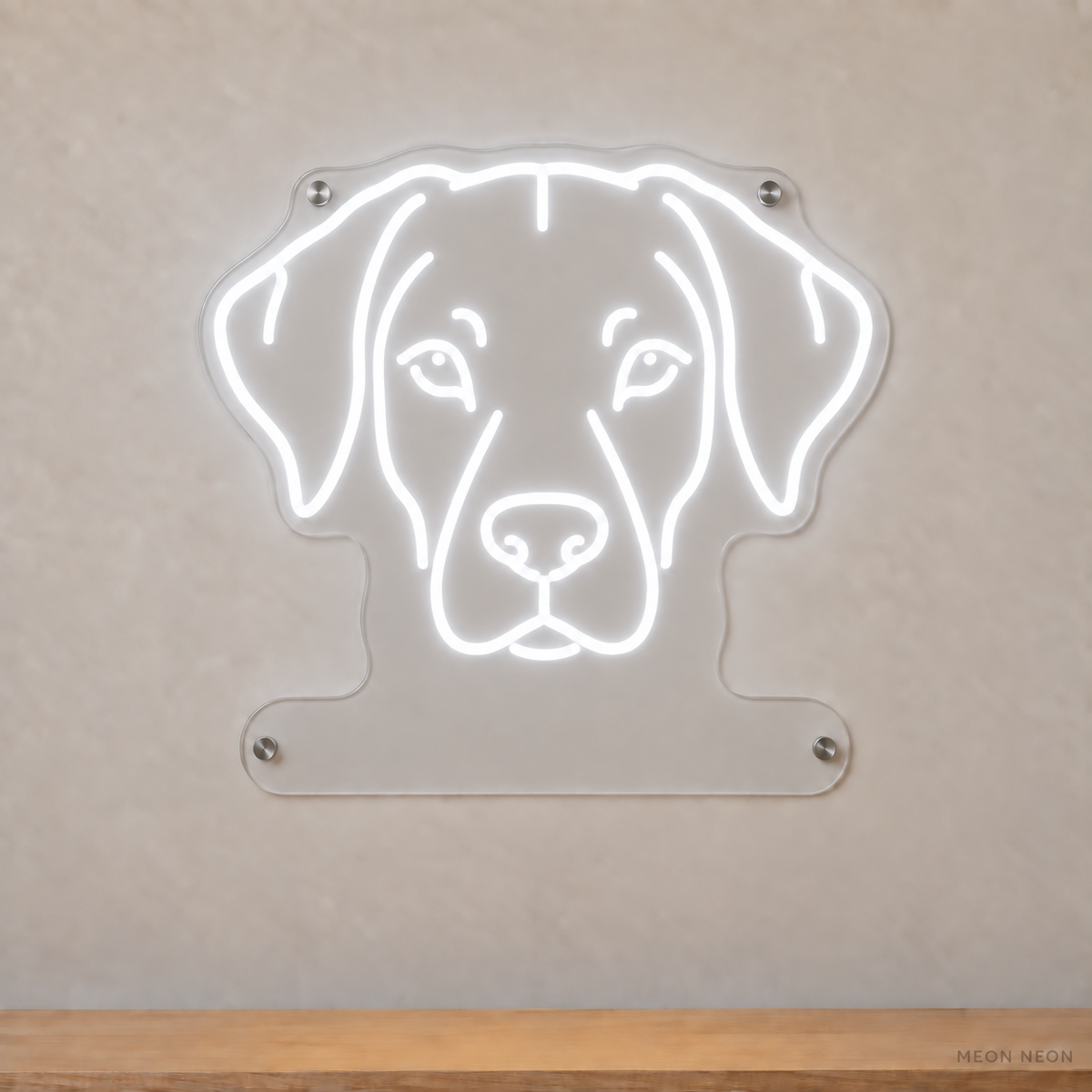 MEON NEON-watermarked concept mockup of a White Rhodesian Ridgeback head LED neon sign with a blank acrylic area for a UV-printed breed caption or dog name.