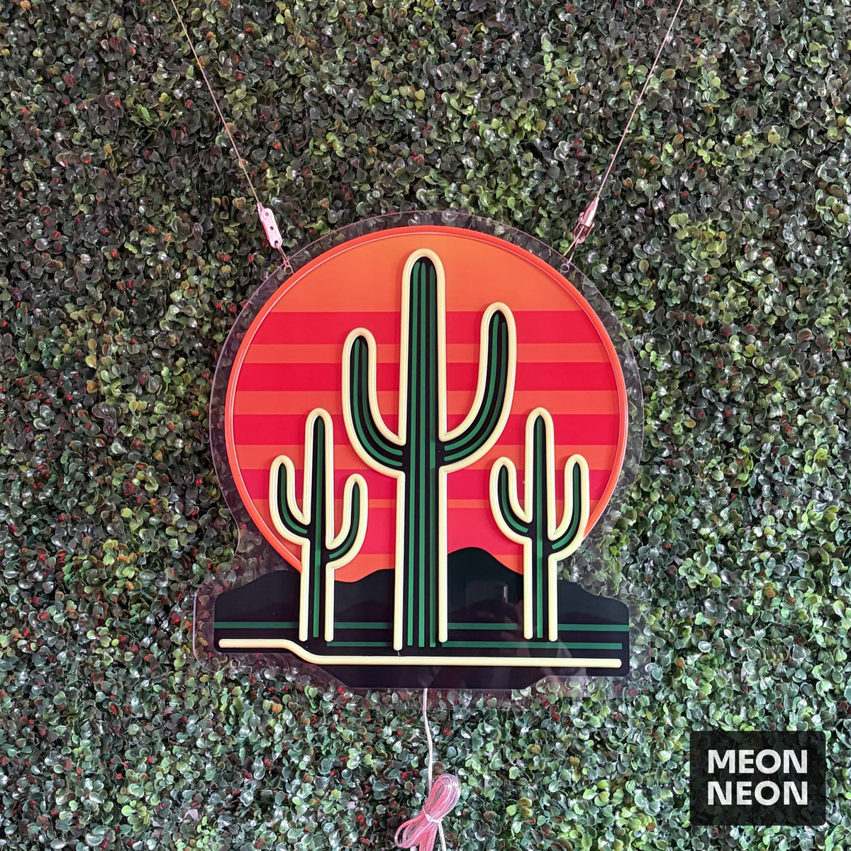 Saguaro Sunset LED Neon Sign, real photo of a finished Meon Neon sign, lit