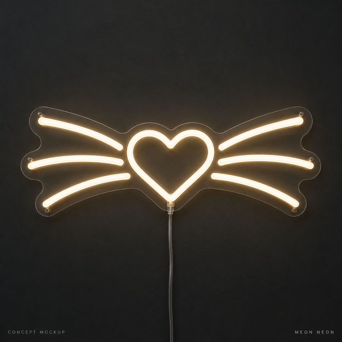 Cat Whisker Heart Warm White LED neon concept mockup
