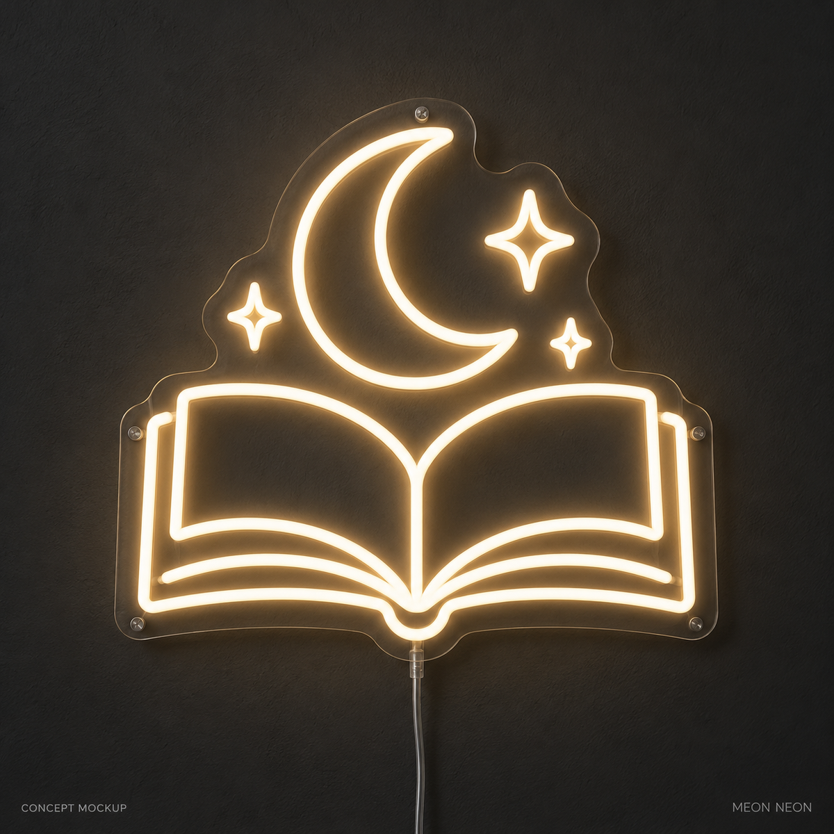 Book and Moon Warm White LED neon concept mockup