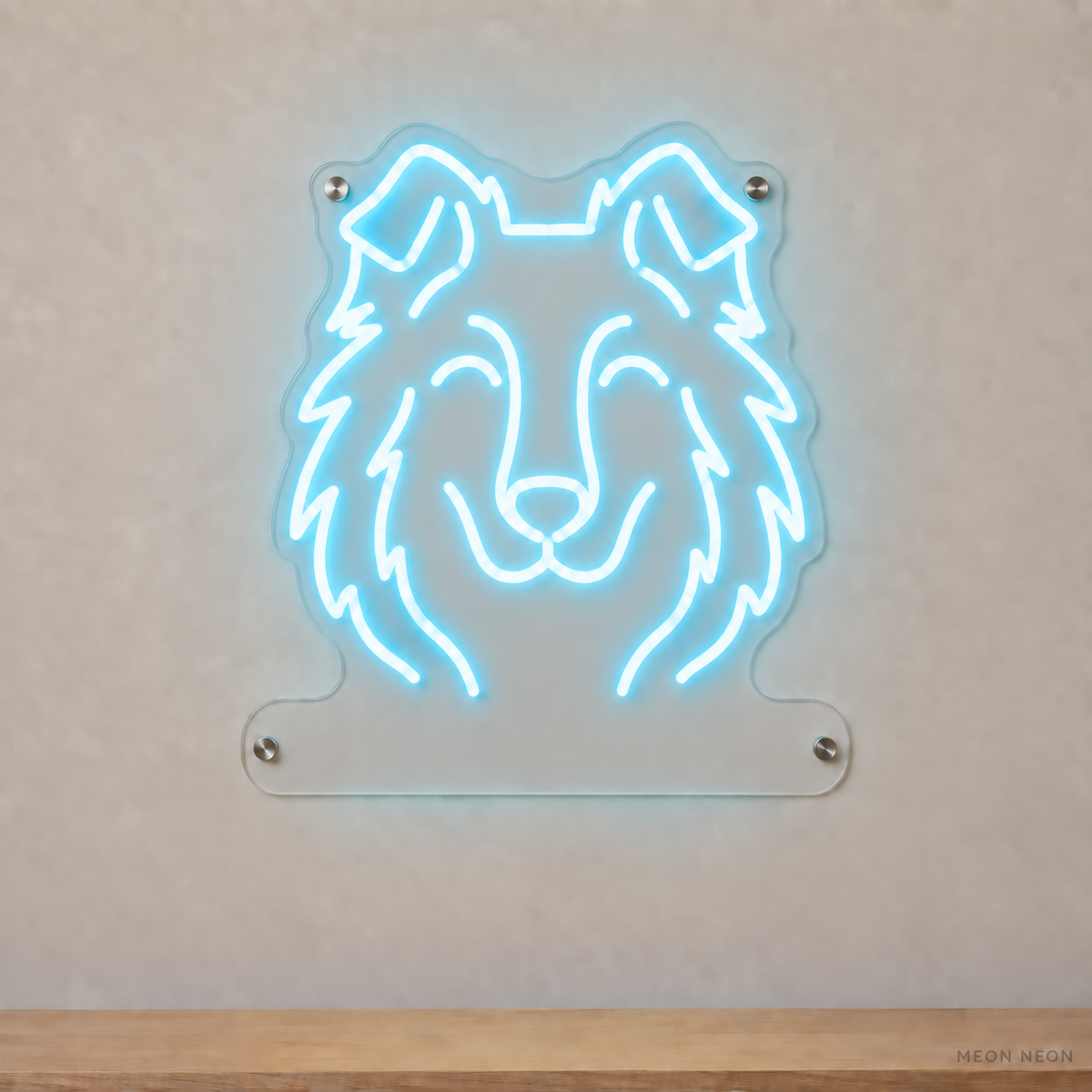MEON NEON-watermarked concept mockup of a Ice Blue Shetland Sheepdog head LED neon sign with a blank acrylic area for a UV-printed breed caption or dog name.