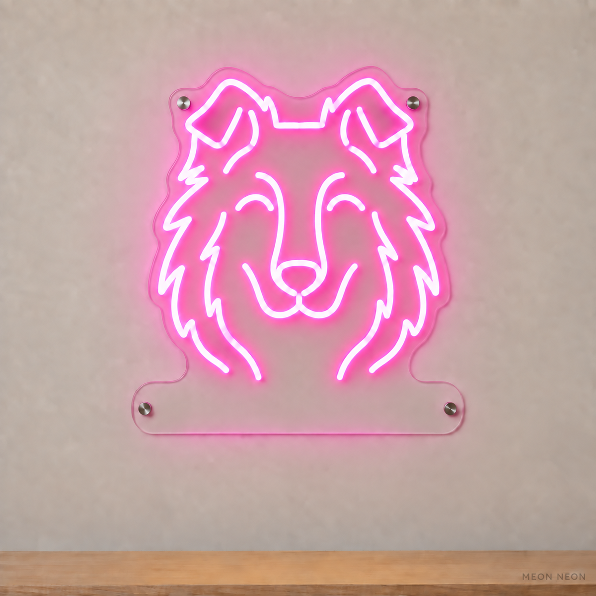 MEON NEON-watermarked concept mockup of a Pink Shetland Sheepdog head LED neon sign with a blank acrylic area for a UV-printed breed caption or dog name.