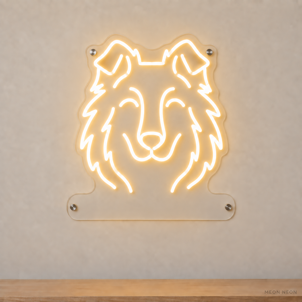 MEON NEON-watermarked concept mockup of a Warm White Shetland Sheepdog head LED neon sign with a blank acrylic area for a UV-printed breed caption or dog name.