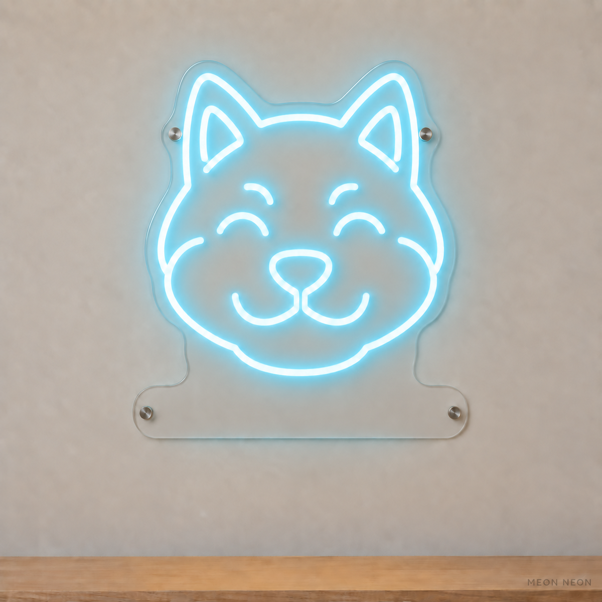 MEON NEON-watermarked concept mockup of a Ice Blue Shiba Inu head LED neon sign with a blank acrylic area for a UV-printed breed caption or dog name.