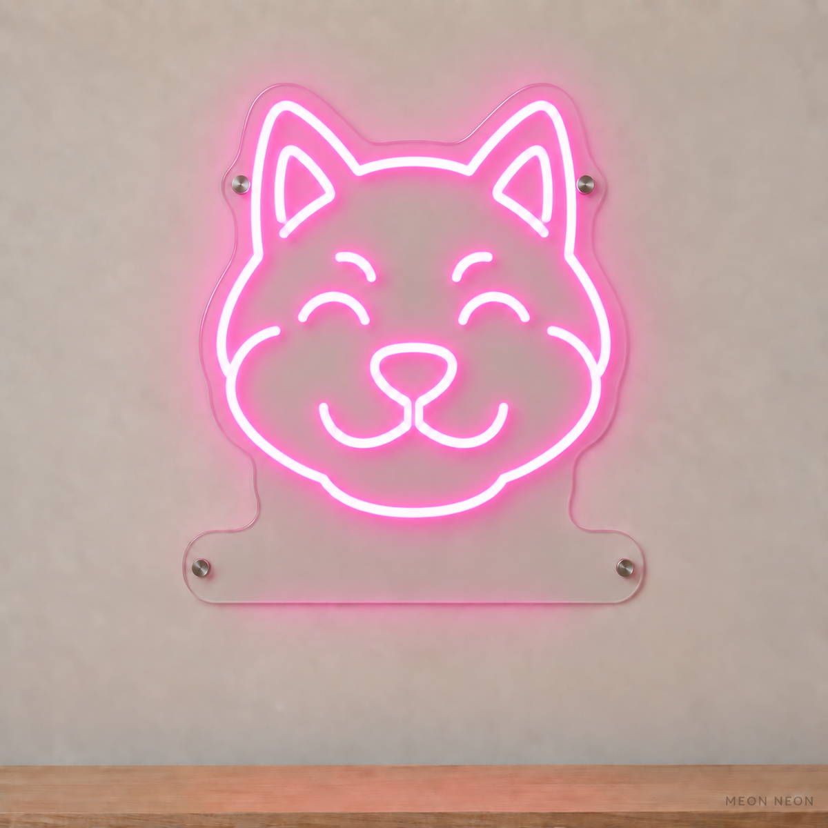 MEON NEON-watermarked concept mockup of a Pink Shiba Inu head LED neon sign with a blank acrylic area for a UV-printed breed caption or dog name.