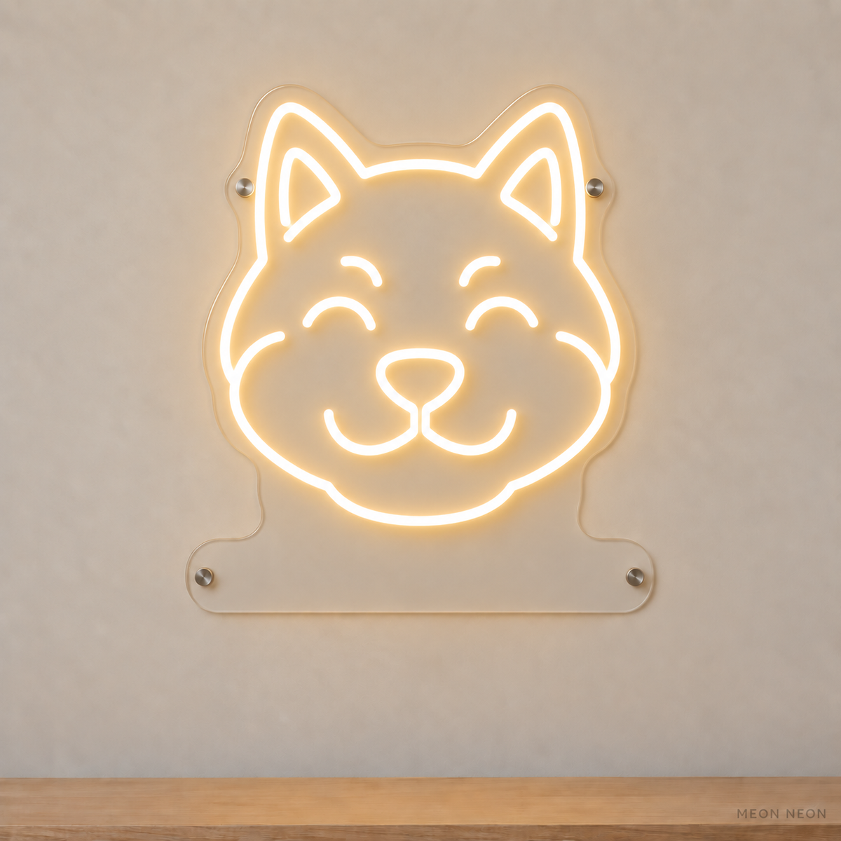 MEON NEON-watermarked concept mockup of a Warm White Shiba Inu head LED neon sign with a blank acrylic area for a UV-printed breed caption or dog name.