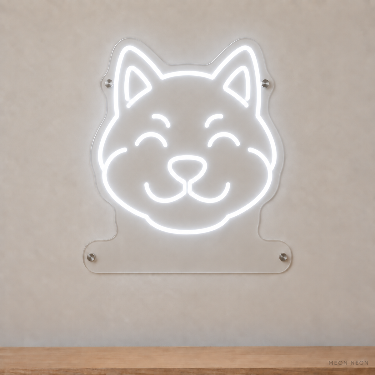 MEON NEON-watermarked concept mockup of a White Shiba Inu head LED neon sign with a blank acrylic area for a UV-printed breed caption or dog name.