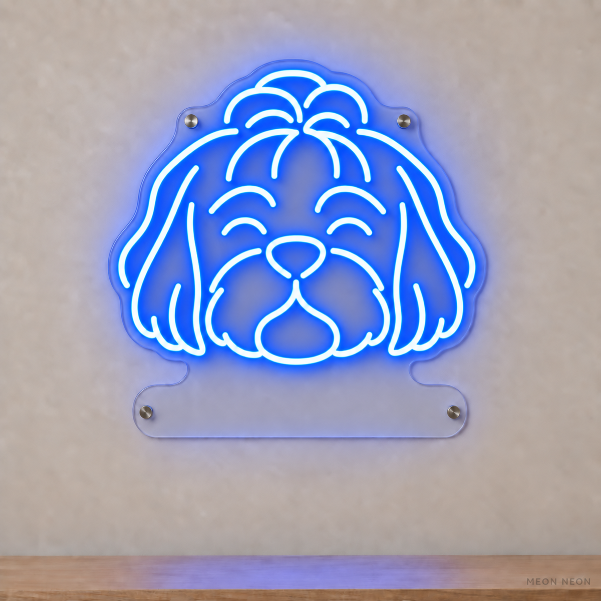MEON NEON-watermarked concept mockup of a Blue Shih Tzu head LED neon sign with a blank acrylic area for a UV-printed breed caption or dog name.