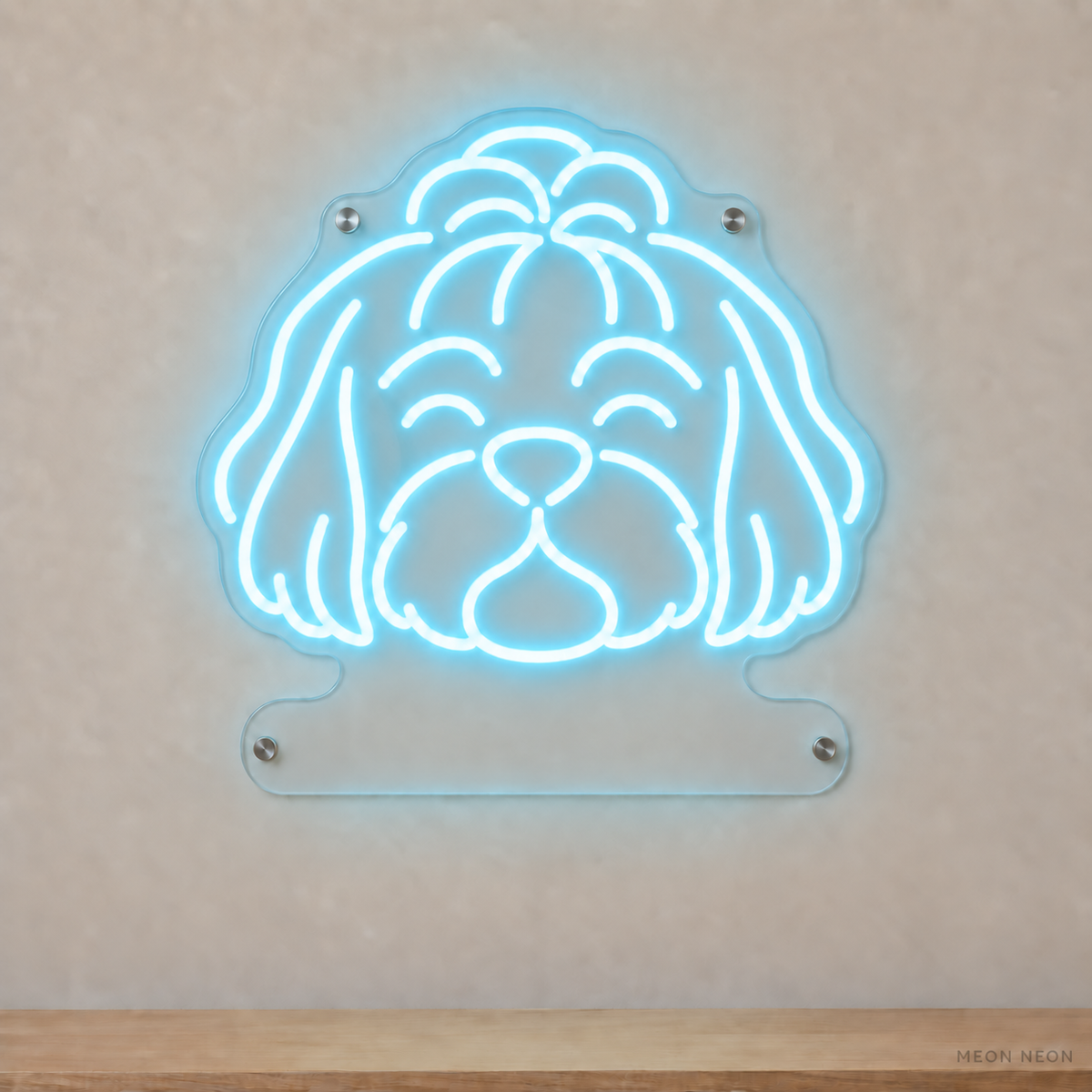 MEON NEON-watermarked concept mockup of a Ice Blue Shih Tzu head LED neon sign with a blank acrylic area for a UV-printed breed caption or dog name.