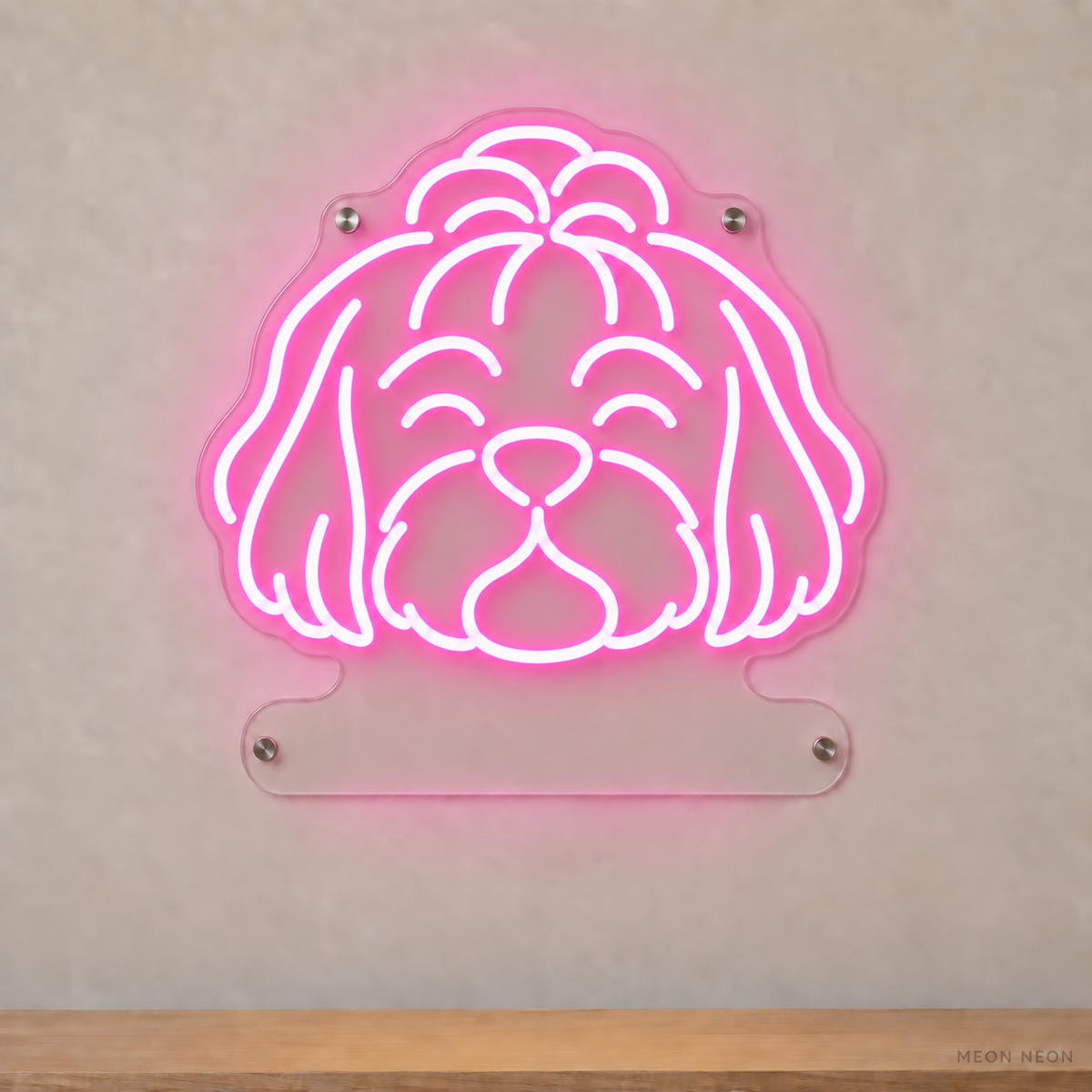 MEON NEON-watermarked concept mockup of a Pink Shih Tzu head LED neon sign with a blank acrylic area for a UV-printed breed caption or dog name.