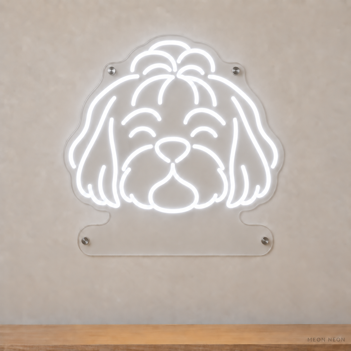 MEON NEON-watermarked concept mockup of a White Shih Tzu head LED neon sign with a blank acrylic area for a UV-printed breed caption or dog name.