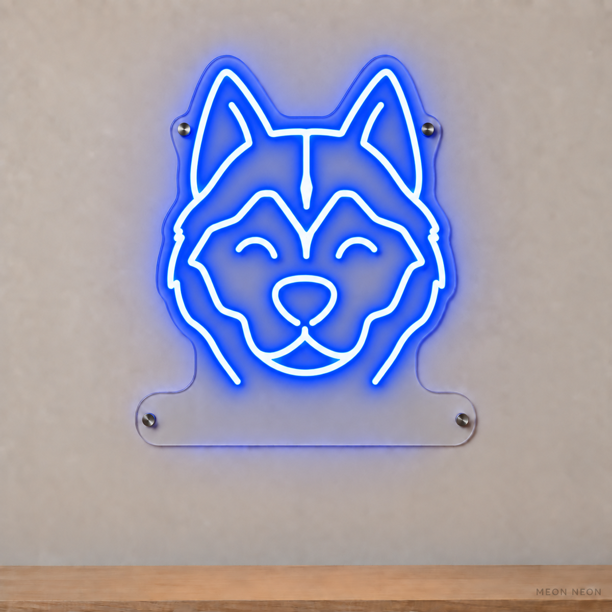 MEON NEON-watermarked concept mockup of a Blue Siberian Husky head LED neon sign with a blank acrylic area for a UV-printed breed caption or dog name.