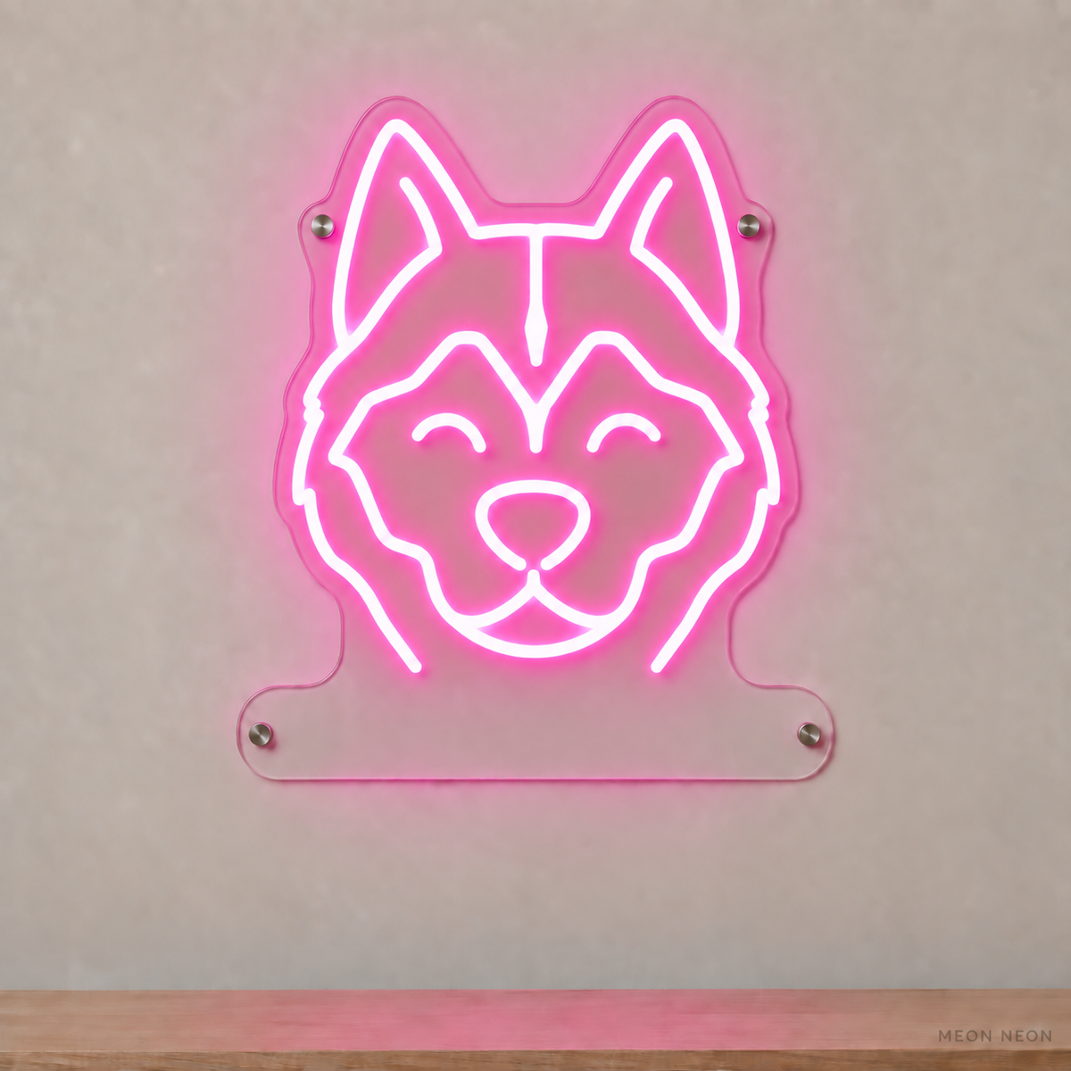 MEON NEON-watermarked concept mockup of a Pink Siberian Husky head LED neon sign with a blank acrylic area for a UV-printed breed caption or dog name.