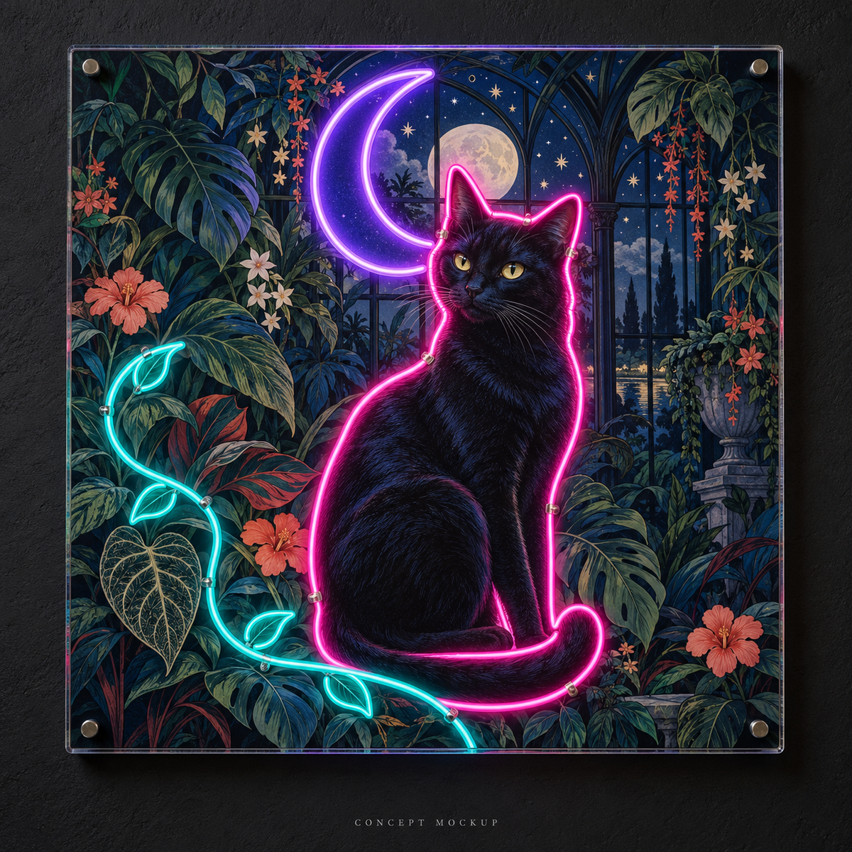 Midnight Conservatory Cat UV Print LED Neon Art concept mockup showing detailed UV-printed artwork and Pink / Purple / Teal LED neon accents