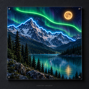 Alpine Aurora UV Print LED Neon Art concept mockup showing detailed UV-printed artwork and Ice Blue / Green / Amber LED neon accents