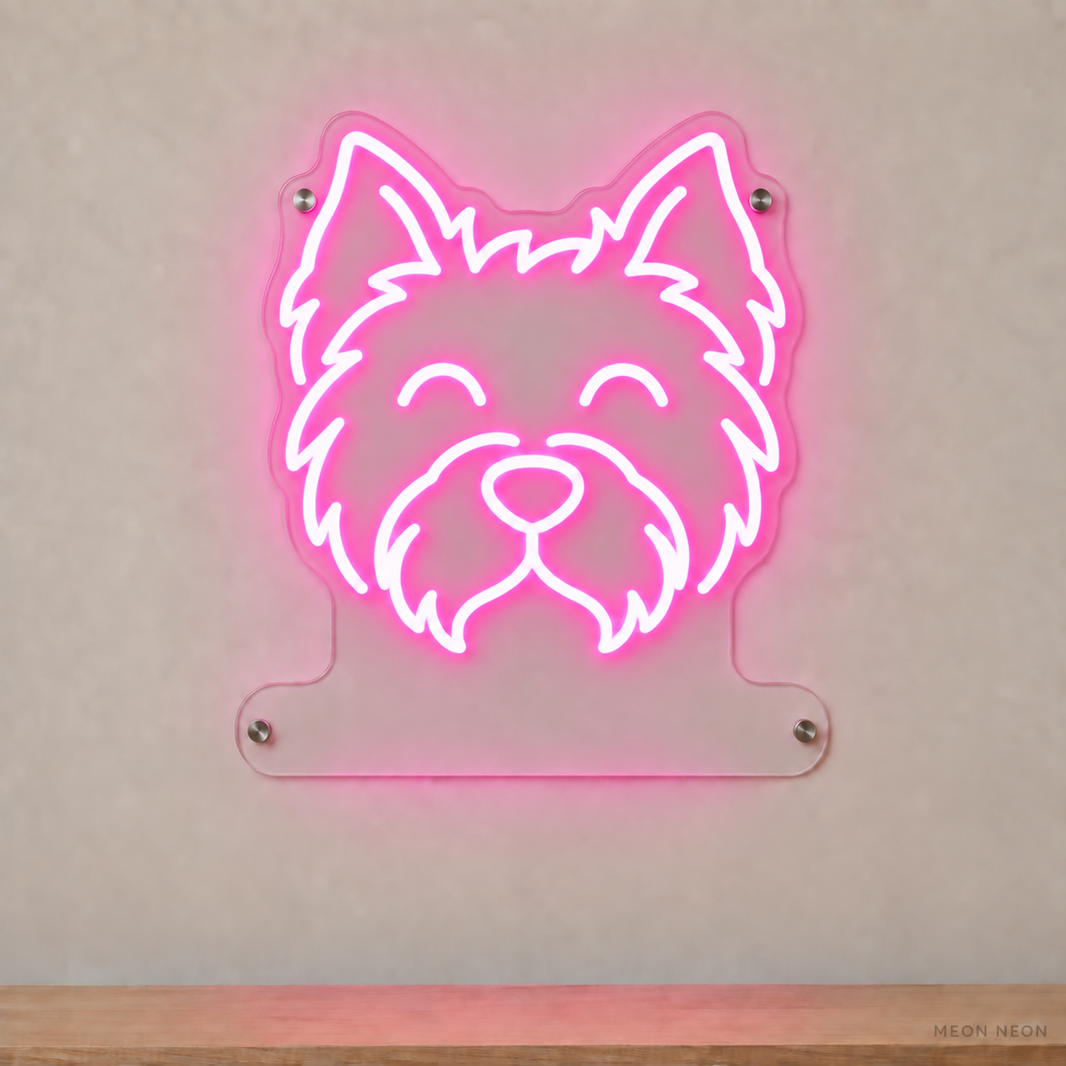 MEON NEON-watermarked concept mockup of a Pink West Highland White Terrier head LED neon sign with a blank acrylic area for a UV-printed breed caption or dog name.